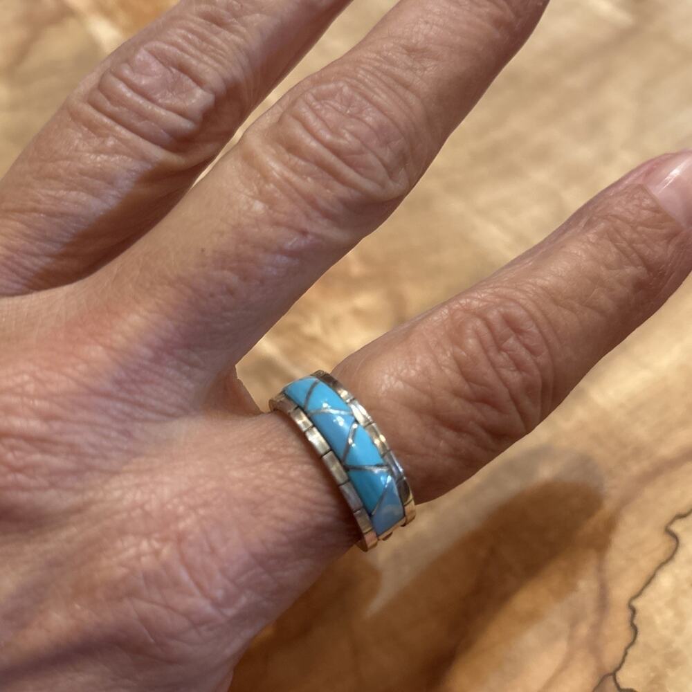 Zuni Zigzag Inlay Turquoise Ring Band Men's SZ 9 by Zuni Artist Sterling